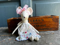 Little Mouse in Vintage Cheese Box Bed – Vintage Handkerchief Details