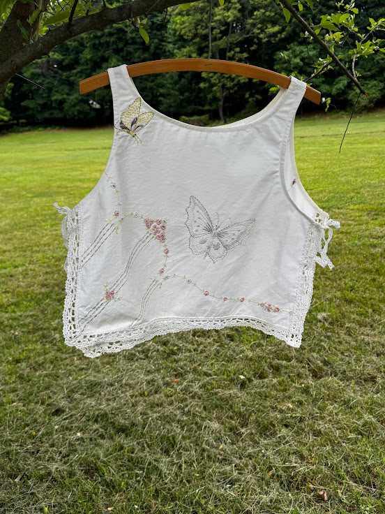 Handmade Vintage Linen & Quilt Top – Side-Tie Detail - Medium