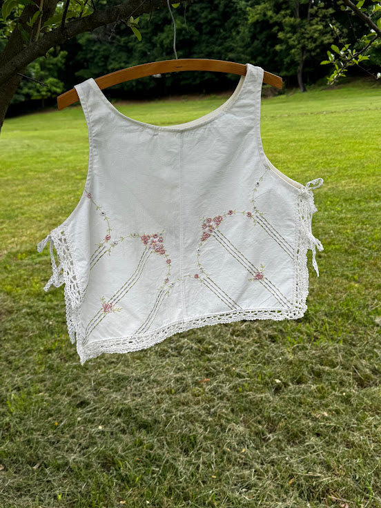 Handmade Vintage Linen & Quilt Top – Side-Tie Detail - Medium
