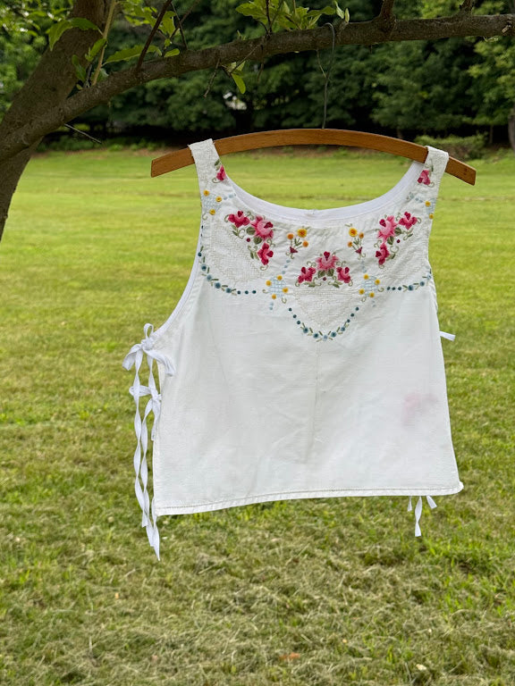 Handmade Vintage Linen & Quilt Top – Side-Tie Detail - Medium