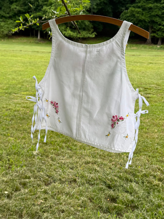 Handmade Vintage Linen & Quilt Top – Side-Tie Detail - Medium