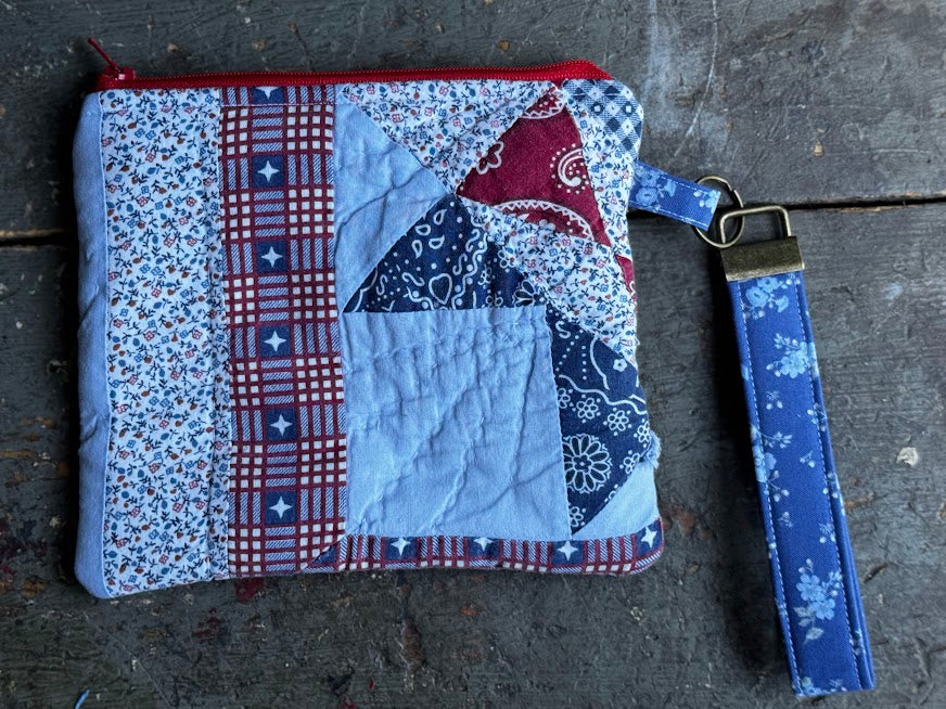 Vintage Red, White &amp; Blue Quilt Zipper Pouch with Key Fob