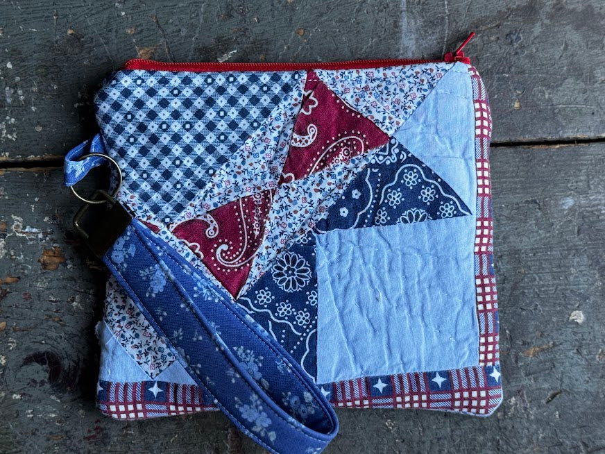 Vintage Red, White &amp; Blue Quilt Zipper Pouch with Key Fob