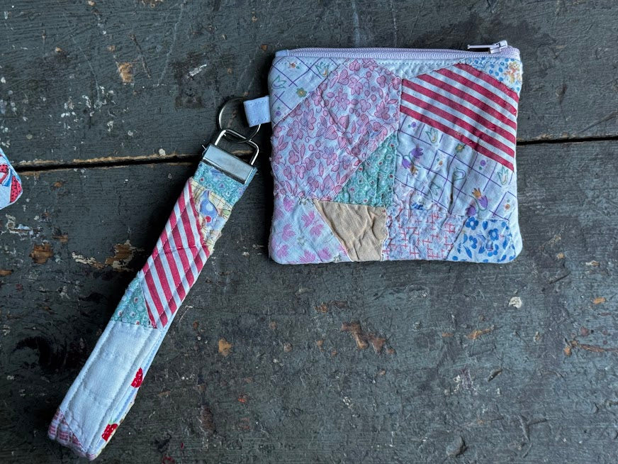 Vintage Quilt Coin Purse with Key Fob