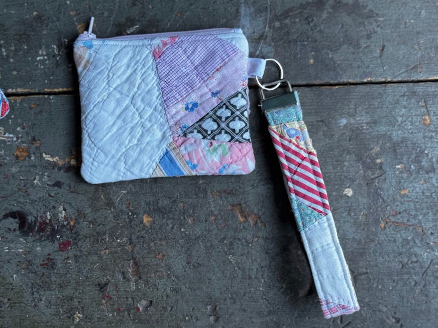 Vintage Quilt Coin Purse with Key Fob